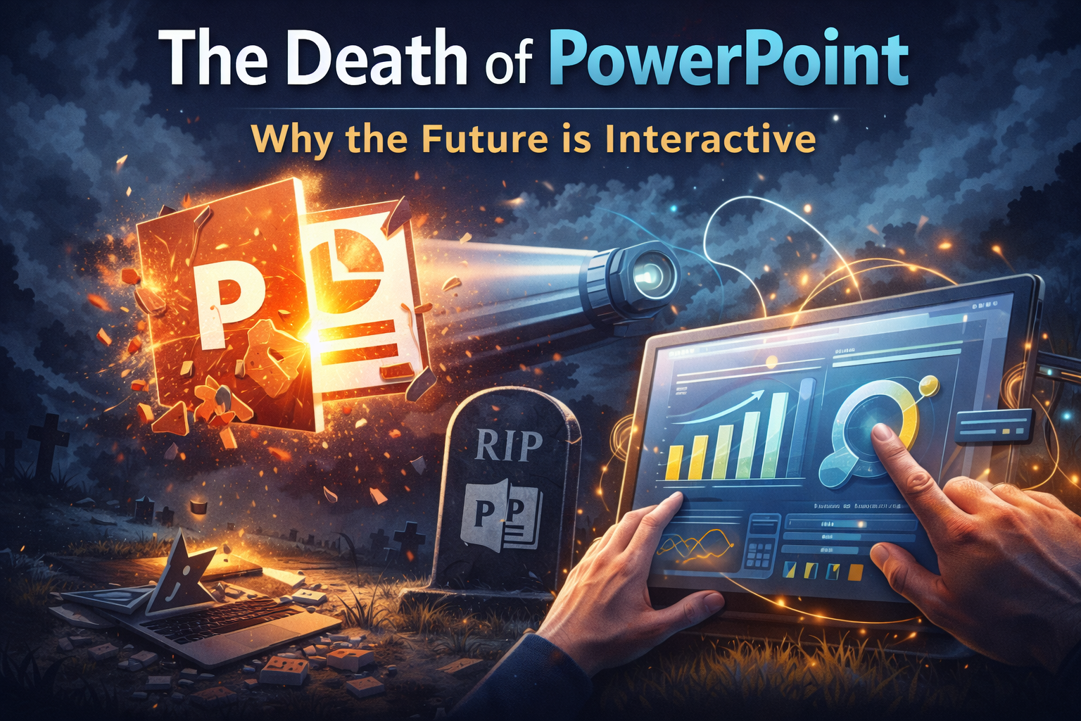 The Death of PowerPoint — a shattered PowerPoint icon beside a gravestone, with a modern interactive tablet emerging from the light.