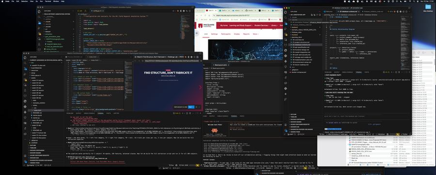 Desktop with multiple VS Code windows, a browser, and a presentation — the entire workstation.