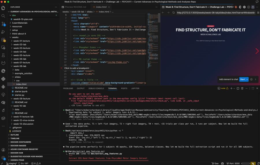 VS Code with a course repository open — HTML slides on the left, live preview on the right, AI assistant in the terminal below.